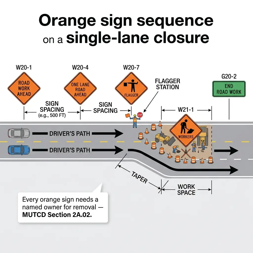 Diagram showing the sequence of orange work zone signs for a single-lane road closure, including spacing between signs, flagger station, workers sign, taper, and work space with end road work sign.
