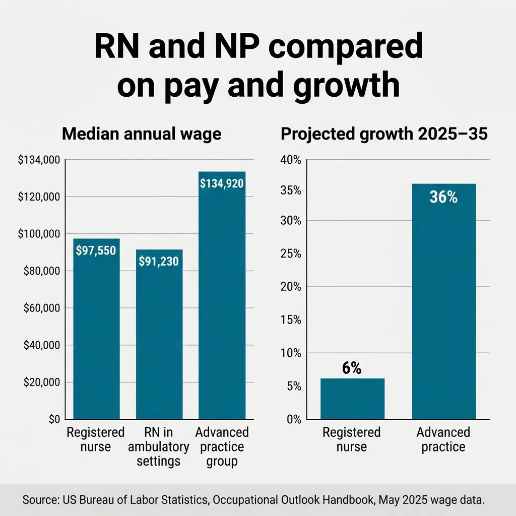 Bar charts comparing registered nurses and advanced practice nurses on median annual wages ranging from $91,230 to $134,920 and projected job growth from 6% to 36% between 2025 and 2035.