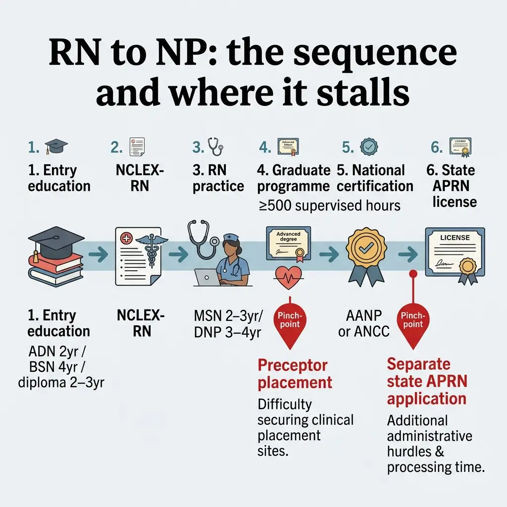 Infographic showing the RN to NP pathway with six sequential steps from entry education through state APRN license, highlighting two pinch points where progression stalls: preceptor placement difficulties and separate state APRN application requirements.