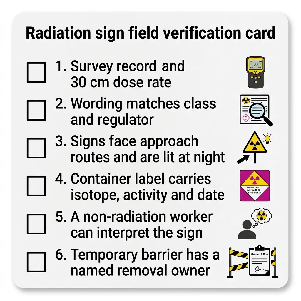 Checklist for radiation sign field verification with six items including survey records, wording compliance, sign placement, container labeling, worker interpretation, and barrier ownership requirements.