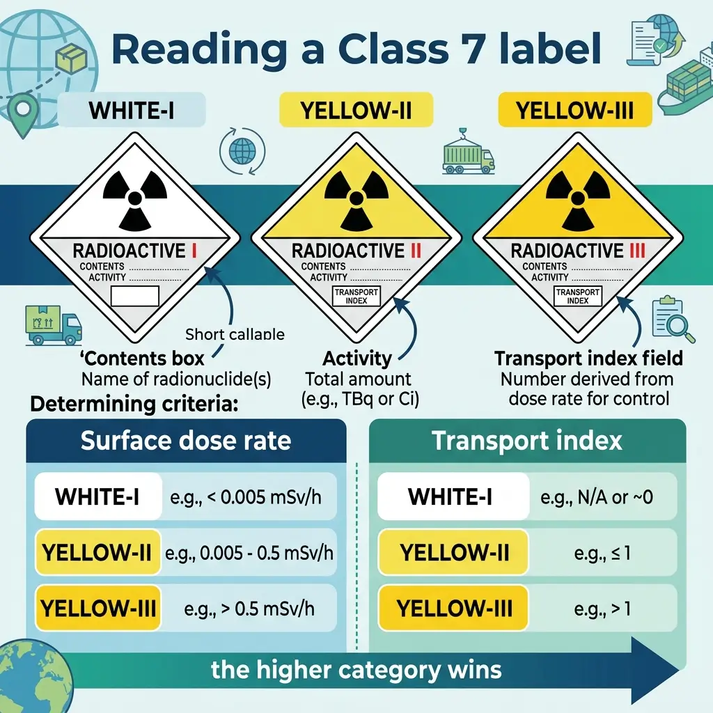 Infographic showing how to classify radioactive materials into Class 7 hazard categories (WHITE-I, YELLOW-II, YELLOW-III) based on surface dose rate and transport index criteria.
