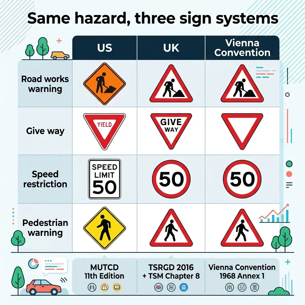 Comparison chart showing road hazard warning signs across three systems: US orange diamond, UK and Vienna Convention red triangles, for road works, give way, speed limits, and pedestrians.