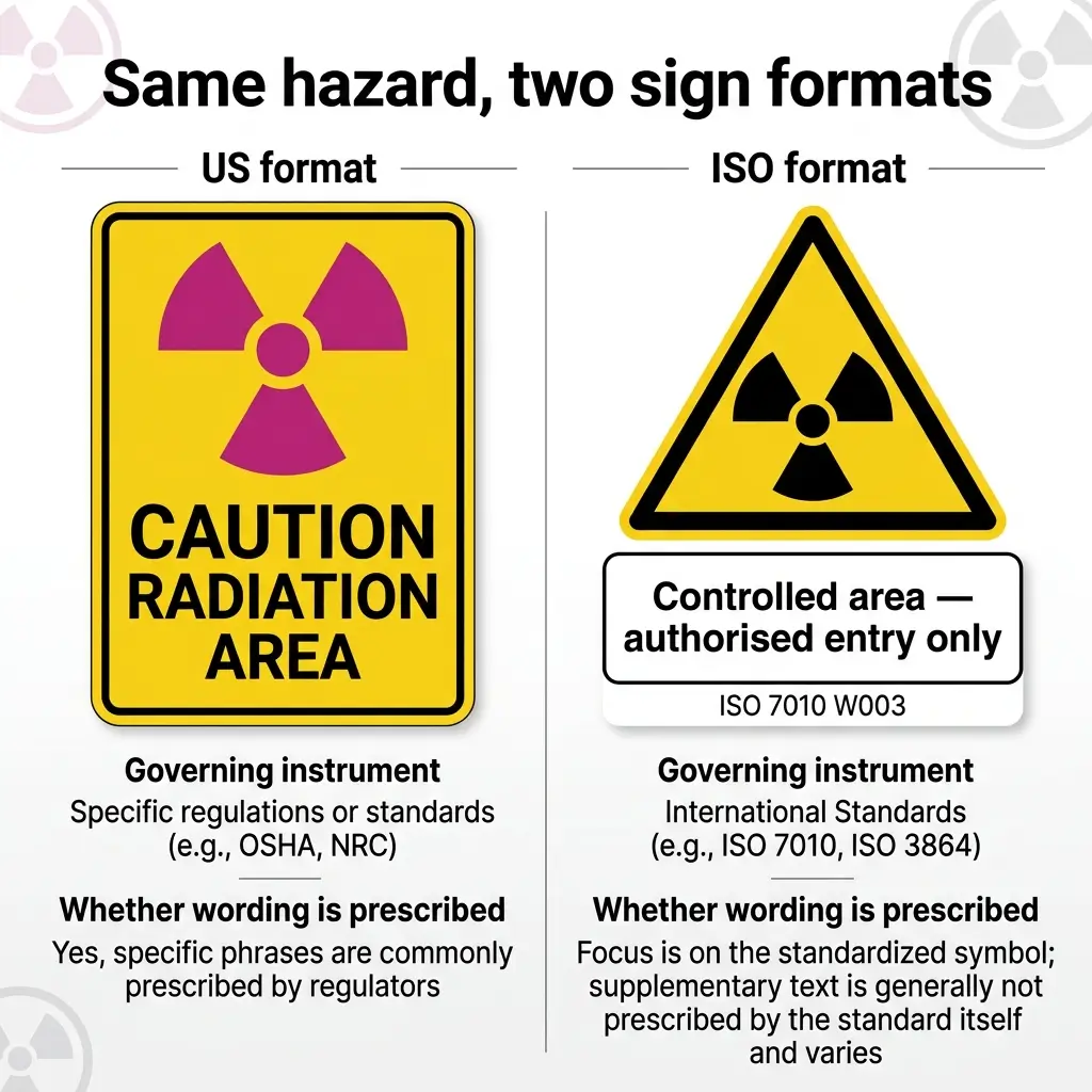 Comparison of US and ISO radiation hazard warning sign formats, showing differences in design, governing standards, and text requirements.