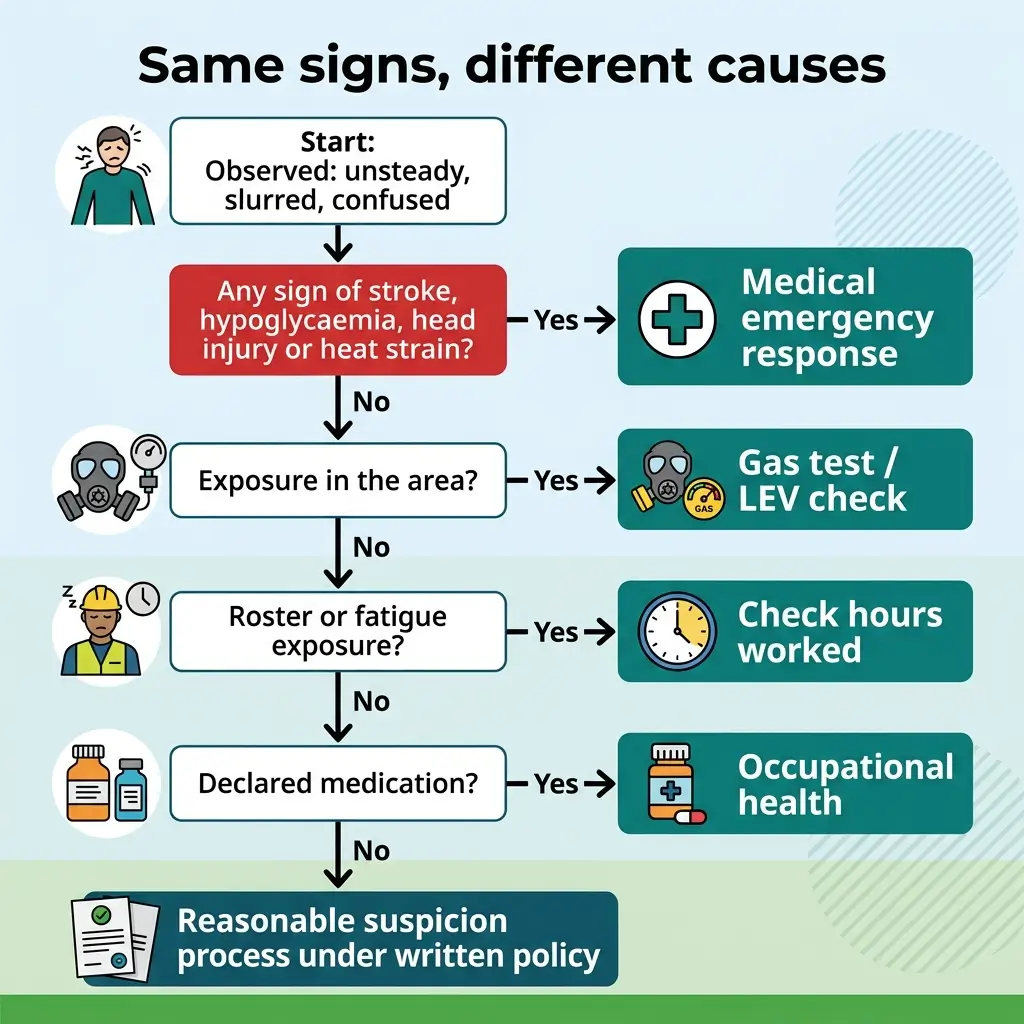 Flowchart showing diagnostic decision tree for unsteady, slurred, or confused symptoms, branching through medical emergencies, environmental exposure, fatigue, medications, and occupational health to determine appropriate response.