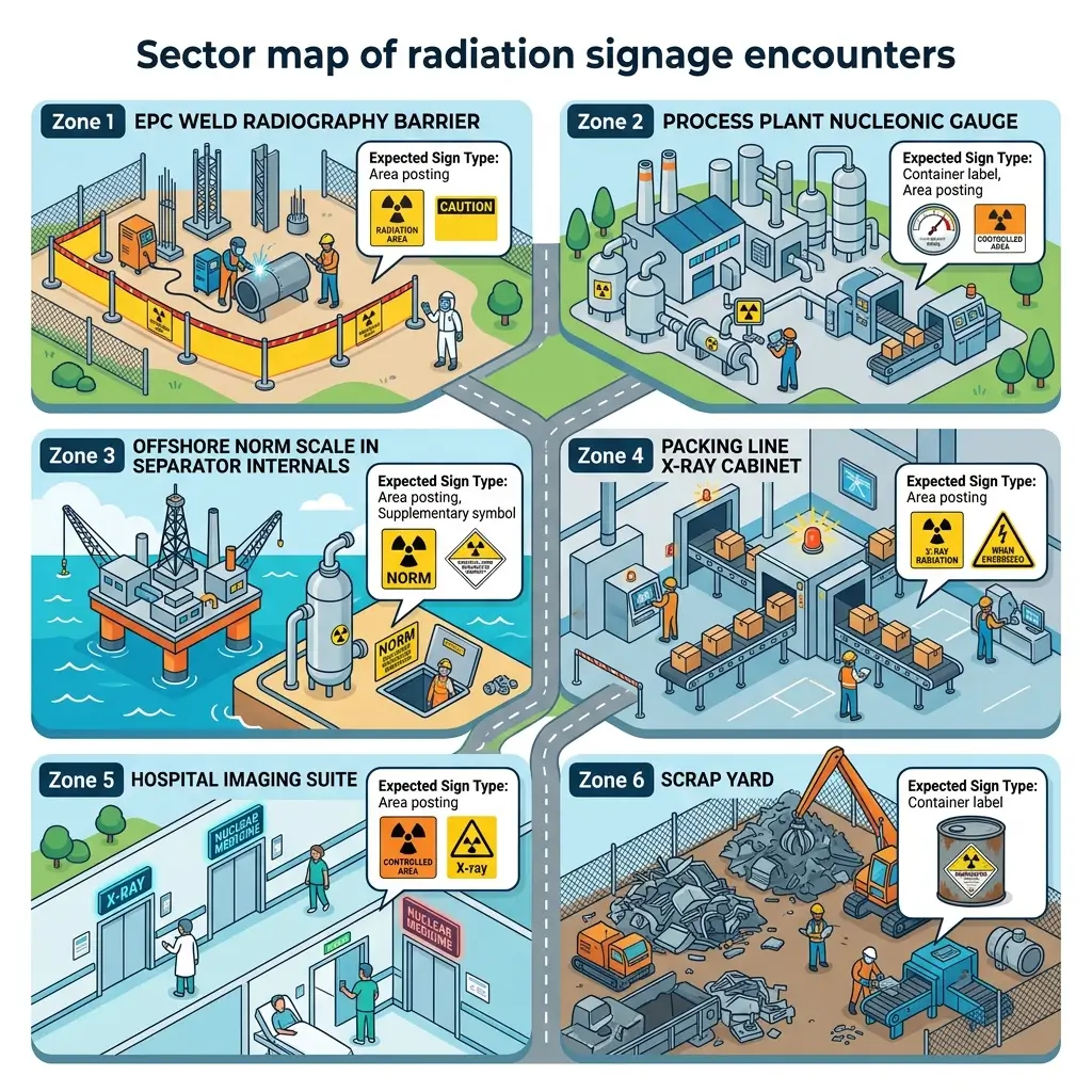 Illustrated sector map showing six zones with radiation hazard signage in industrial settings including welding barriers, nuclear processing plants, offshore platforms, packing lines, hospital imaging, and scrap yards.