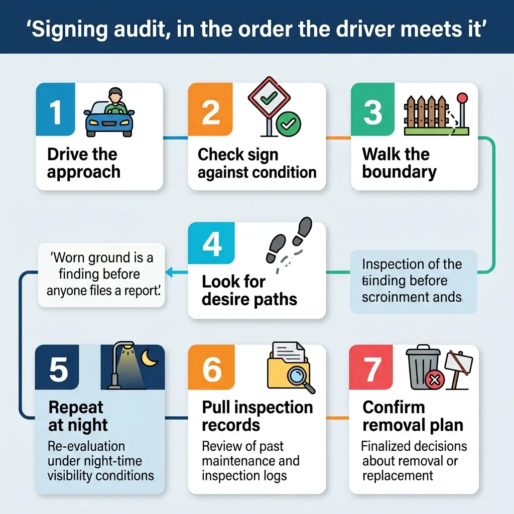 Seven-step infographic showing the signing audit process for drivers, from driving the approach through confirming removal plans, with visual icons representing each stage of inspection and evaluation.