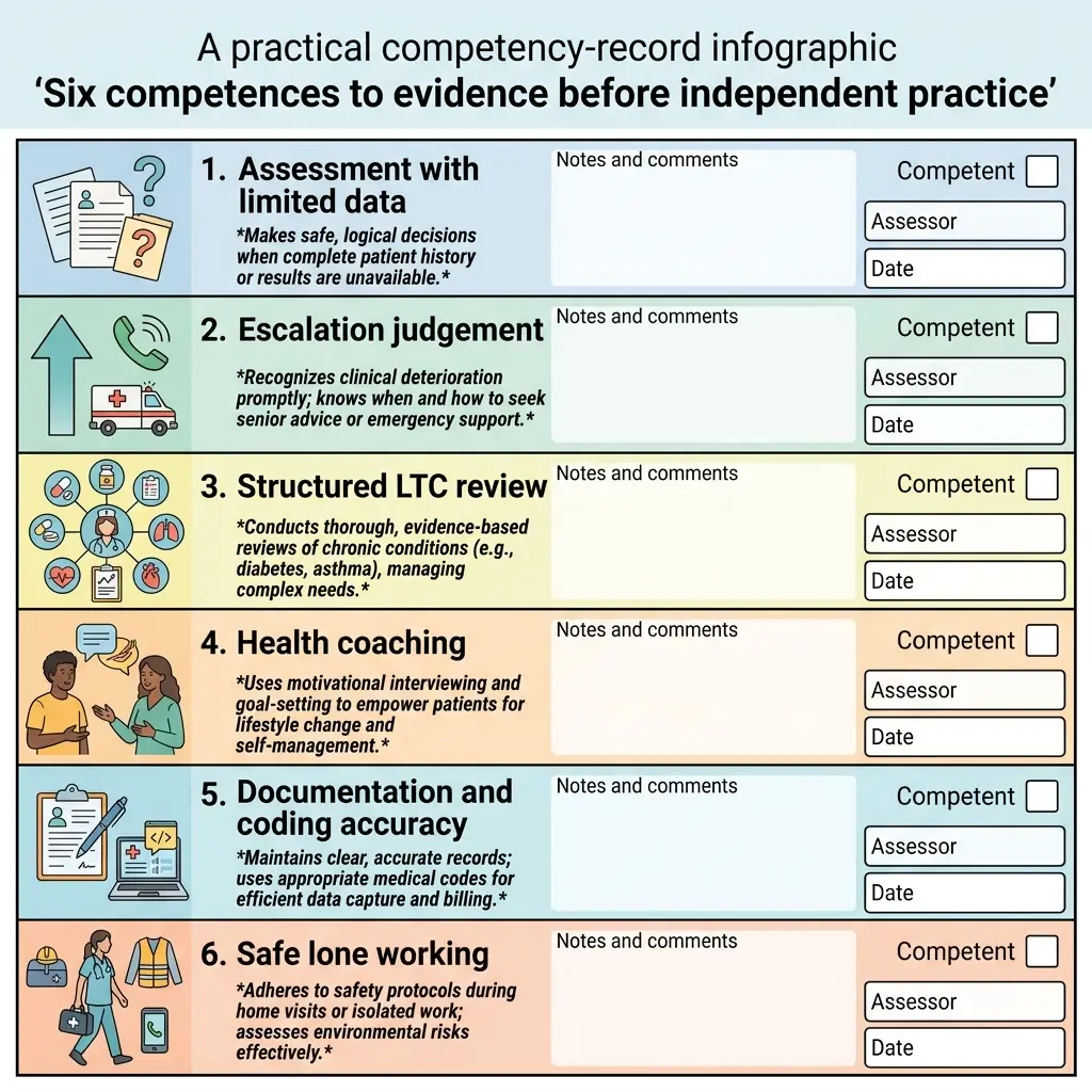 Infographic showing six core competencies for healthcare practitioners to demonstrate before independent practice, with checkboxes and fields for assessor name and date for each competency.