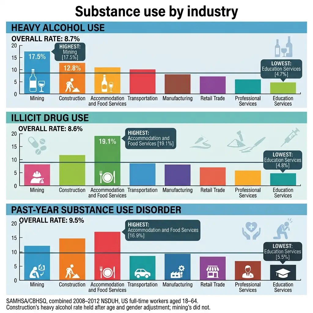 Three bar charts comparing heavy alcohol use, illicit drug use, and past-year substance use disorder rates across eight industries, with mining and accommodation/food services showing highest rates and education services showing lowest rates.