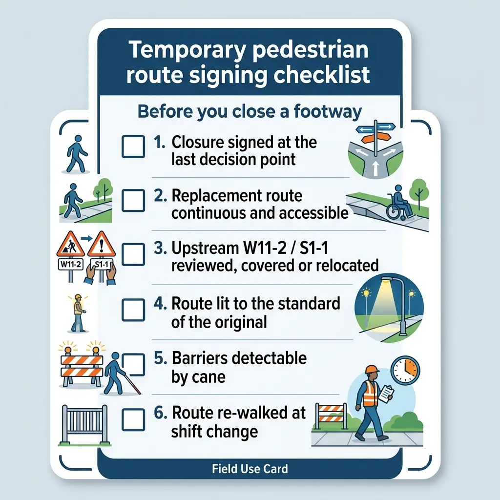 Checklist for temporary pedestrian route signing before closing a footway, including six steps for closure signs, replacement routes, warning signs, lighting, cane-detectable barriers, and route re-walking procedures.