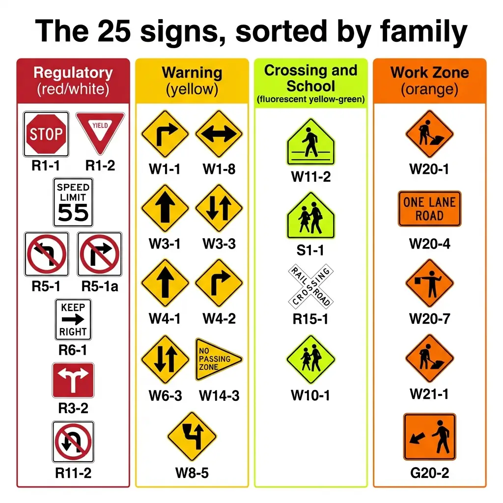 Chart displaying 25 traffic signs organized into four color-coded families: red and white regulatory signs including stop and yield, yellow warning signs for curves and hazards, fluorescent yellow-green crossing and school signs, and orange work zone signs indicating construction and lane closures.