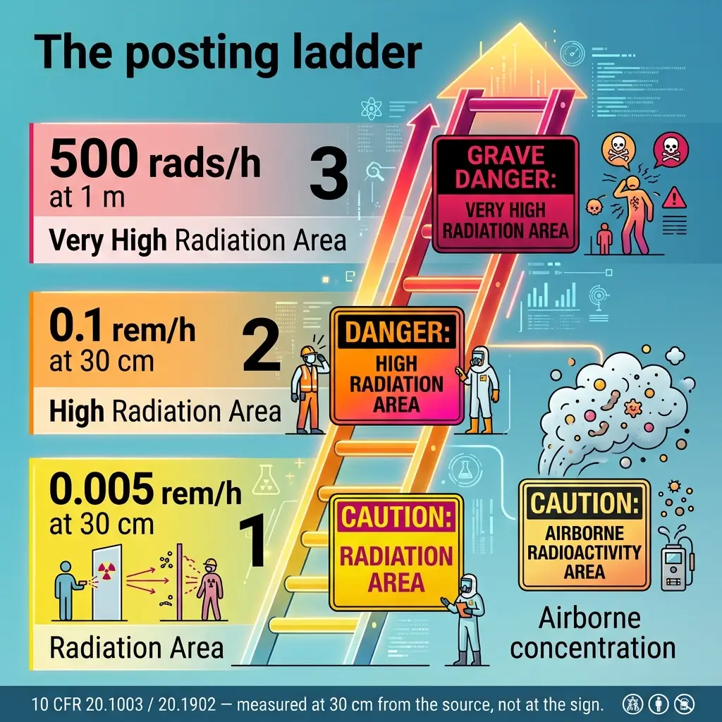 A three-level radiation hazard ladder diagram showing dose rates and safety zones, from Level 1 airborne radioactivity at bottom to Level 3 very high radiation at top, with warning signs and protective gear illustrations.