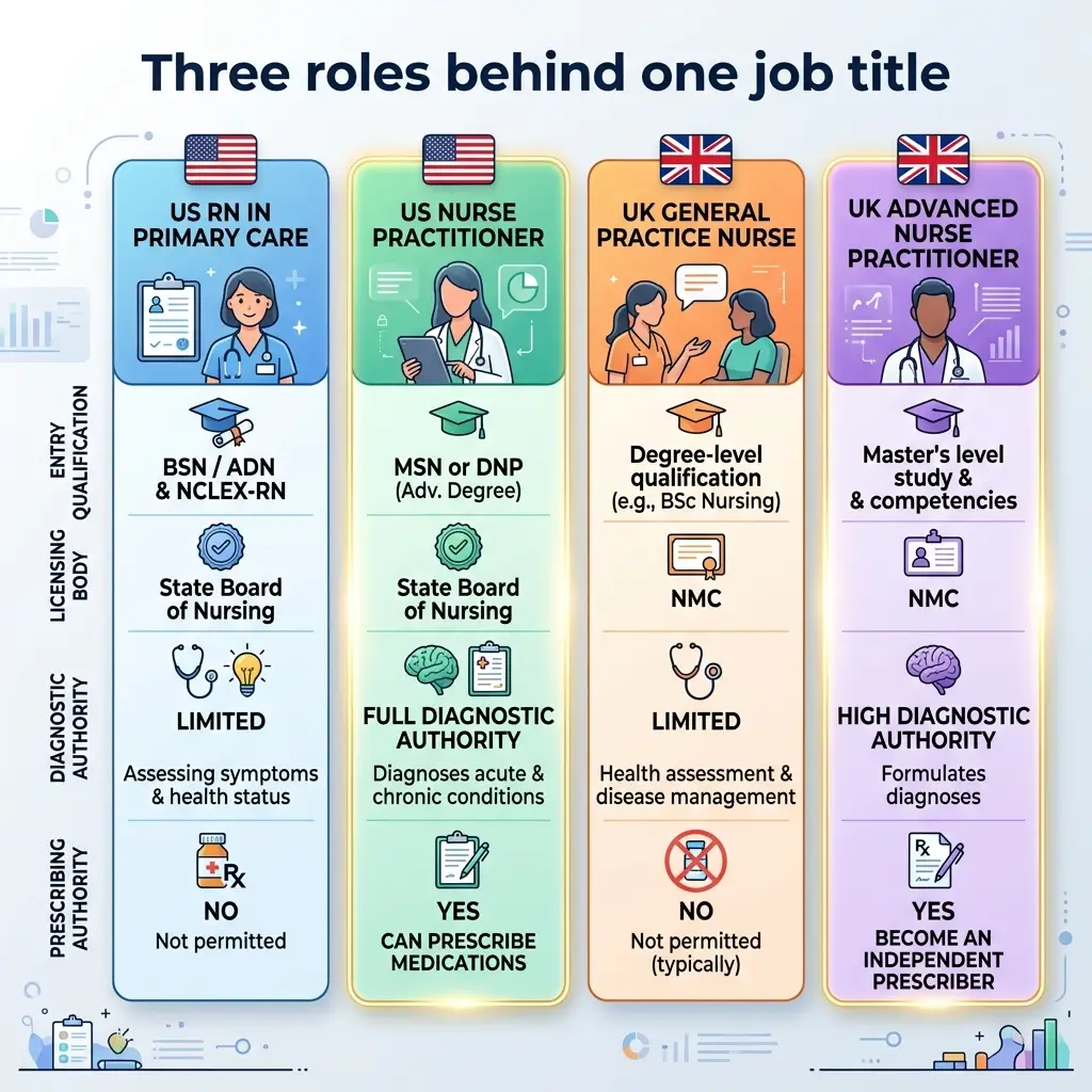 Comparison chart showing four nursing roles in US and UK with their entry qualifications, licensing bodies, diagnostic authority, and prescribing rights displayed in colored card sections.