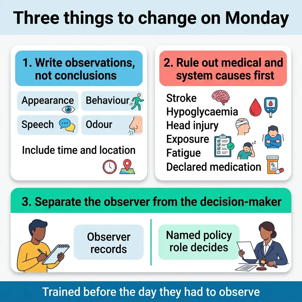 Infographic showing three key steps for improving observations on Monday: write observations with appearance, behavior, speech and odor details; rule out medical causes like stroke and hypoglycemia; and separate the observer role from decision-making responsibilities.