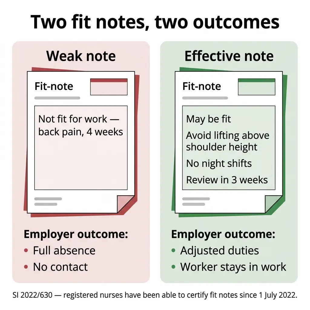 Comparison of two fit note examples showing weak note resulting in full absence versus effective note with specific restrictions leading to adjusted duties and worker retention.