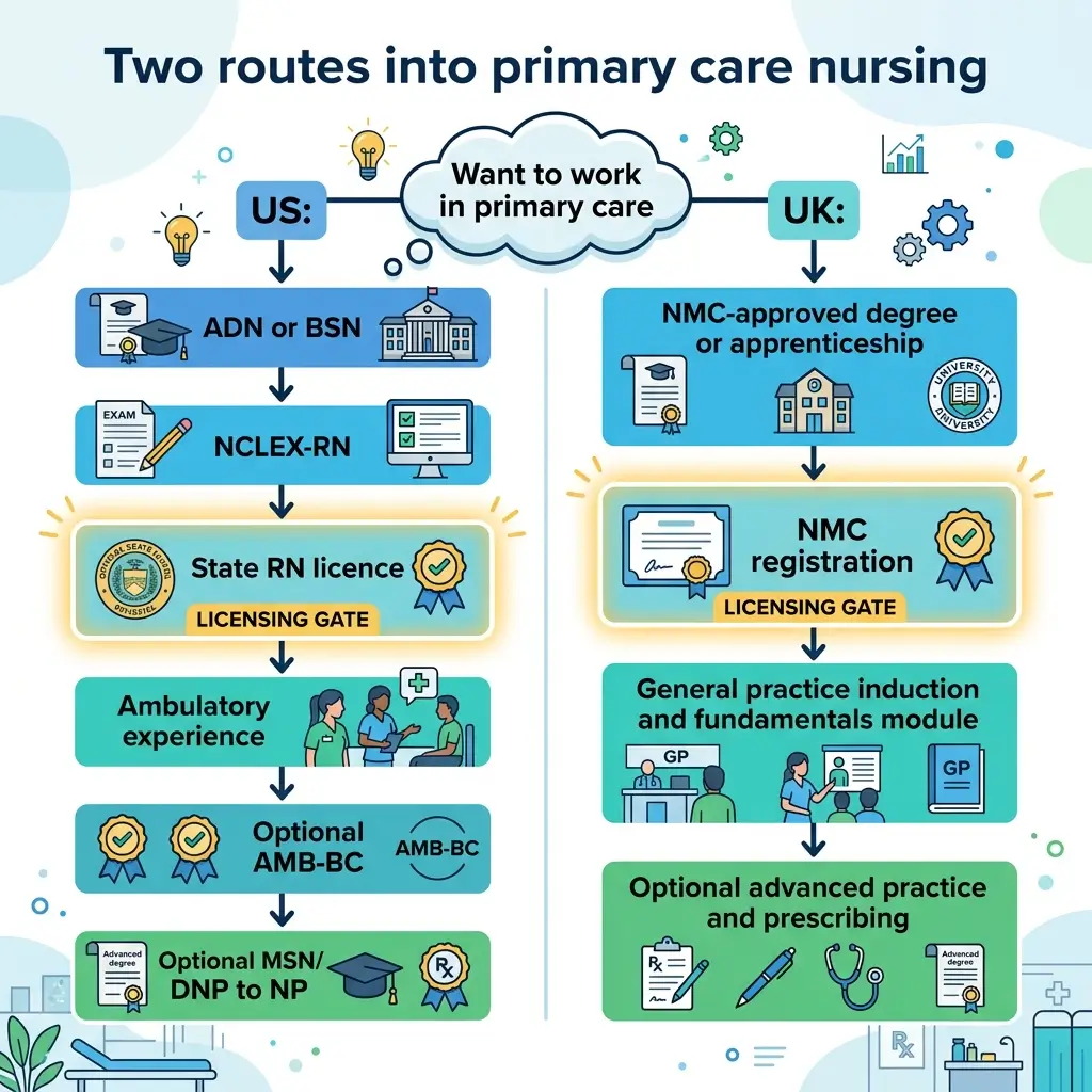 Flowchart comparing two pathways to become a primary care nurse: US route requiring ADN/BSN, NCLEX-RN exam, and state licensure; UK route requiring NMC-approved degree, NMC registration, and GP induction module.