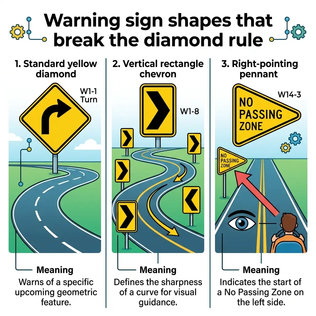Infographic showing three non-diamond warning sign shapes used on roads: standard yellow diamond for turns, vertical rectangle chevron for curve sharpness, and right-pointing pennant for no passing zones, with their meanings and road examples.