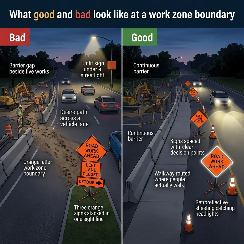 Comparison of poor and proper work zone safety design, showing unsafe barriers with gaps and unclear signage versus secure continuous barriers with well-spaced, reflective signs and designated pedestrian walkways.