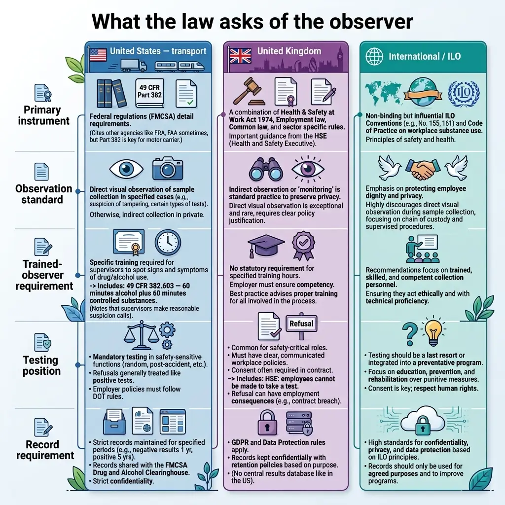 Comparison chart of workplace drug and alcohol testing laws across United States, United Kingdom, and International standards, showing requirements for observation, trained observers, testing procedures, and record keeping.