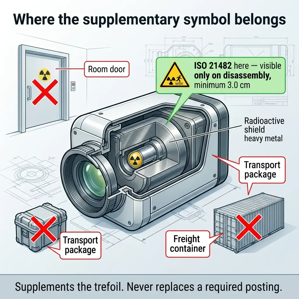 Diagram showing where the ISO 21482 radioactive trefoil supplementary symbol should be placed on a shielded industrial device, with examples of incorrect locations marked with red X symbols.