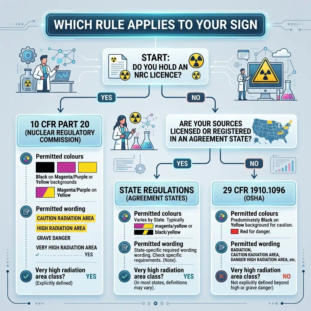Flowchart determining radiation sign regulations based on NRC license status and radioactive source location, with three regulatory pathways showing permitted colors and wording requirements.