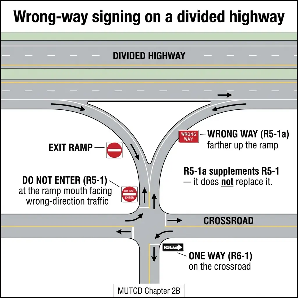 Diagram showing wrong-way signing on a divided highway, illustrating placement of R5-1 "Do Not Enter" and R5-1a "Wrong Way" signs at exit ramps and crossroads to prevent unsafe traffic conflicts.
