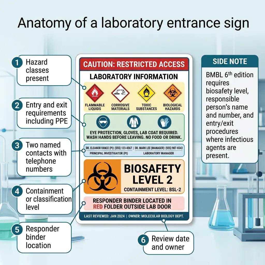 Infographic showing the six essential components of a laboratory entrance sign, including hazard symbols, PPE requirements, contact information, biosafety level, and responder binder location for workplace safety compliance.