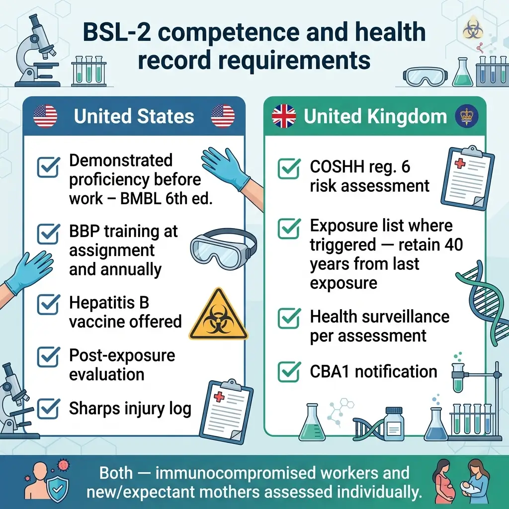 Infographic comparing BSL-2 competence and health record requirements between the United States and United Kingdom, displaying training, vaccination, and documentation standards for laboratory workers.