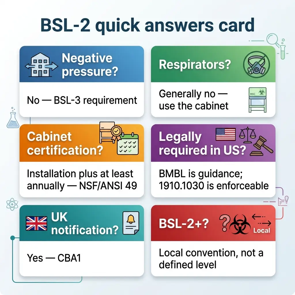 Quick reference card displaying six key FAQs about BSL-2 biosafety requirements, covering negative pressure, respirators, cabinet certification, US legal requirements, UK notification procedures, and BSL-2+ definitions.