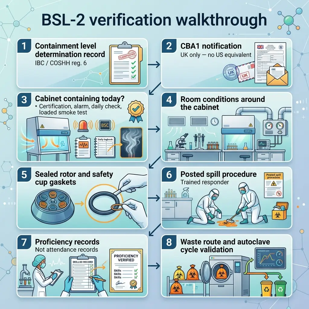 Flowchart showing eight steps for BSL-2 biosafety cabinet verification, including containment records, notifications, cabinet certification, room conditions, gasket inspection, spill procedures, staff proficiency, and waste handling protocols.