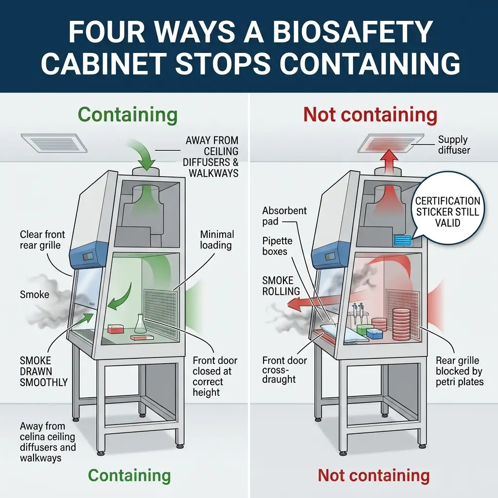 Diagram comparing biosafety cabinet containment features, showing proper smoke flow, door sealing, and airflow management on the left versus improper conditions with smoke leakage and blockages on the right.