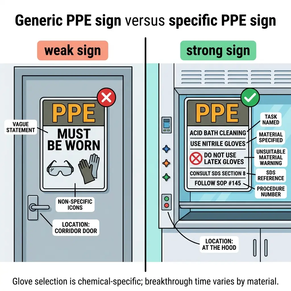 Comparison diagram showing weak generic PPE sign versus strong specific PPE sign, illustrating best practices for workplace safety signage with clear labeling, task-specific instructions, and material warnings.