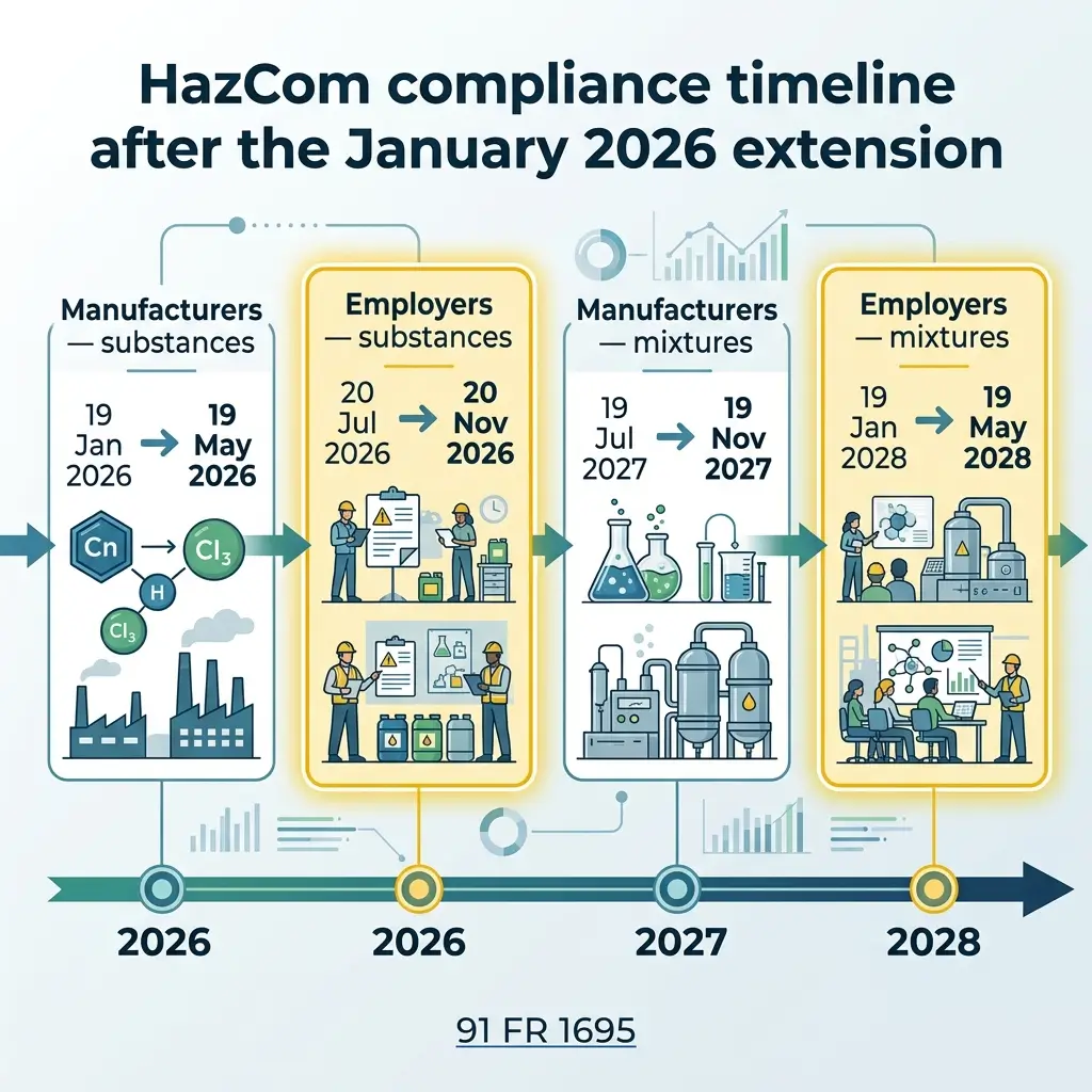 Timeline showing HazCom compliance deadlines from 2026 to 2028, with four phases for manufacturers and employers to comply with substance and mixture labeling requirements under 91 FR 1695 regulation.