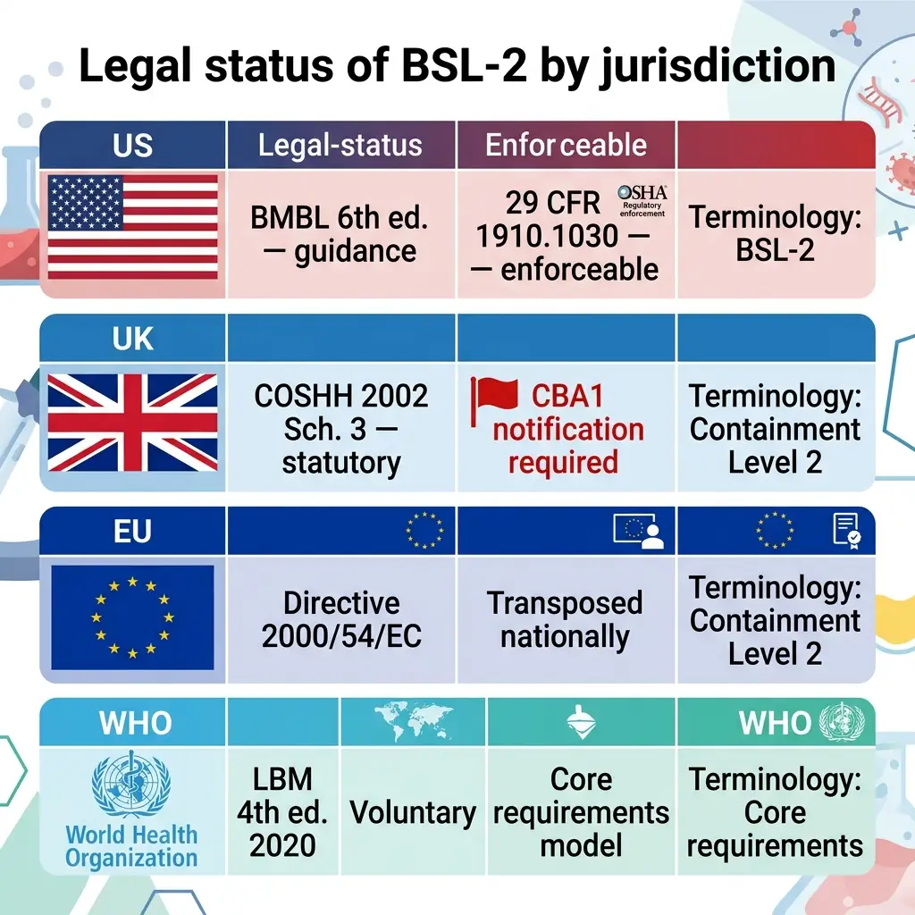 Comparison chart showing BSL-2 biosafety legal status across US, UK, EU, and WHO jurisdictions, including regulatory frameworks, enforceability, and terminology standards.