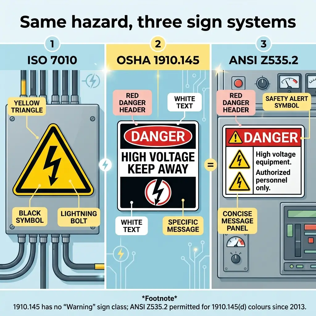 Comparison of three electrical hazard warning sign systems: ISO 7010 with yellow triangle and lightning bolt, OSHA 1910.145 with red danger header, and ANSI Z535.2 with safety alert symbol, all conveying high voltage warnings.
