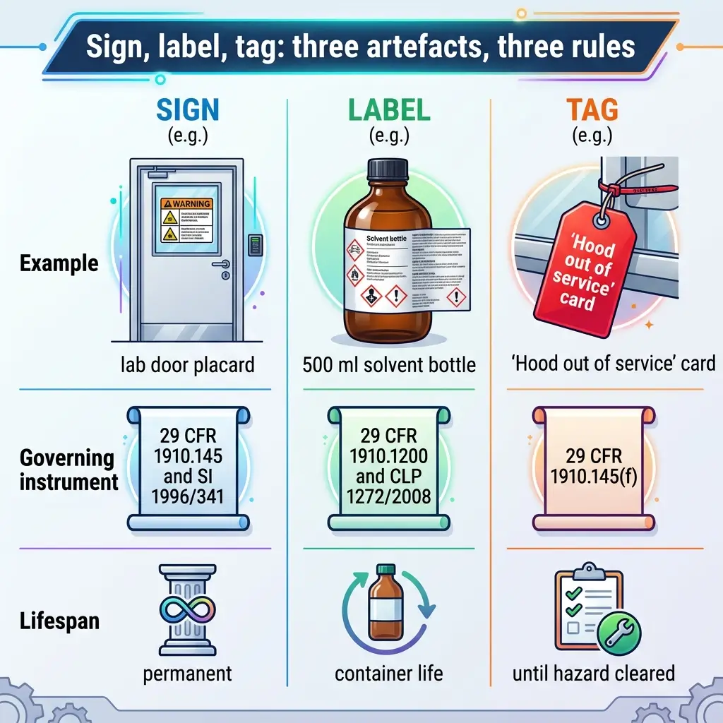 Infographic comparing three hazard communication artifacts: signs on lab doors, labels on chemical bottles, and tags on equipment, with their governing regulations and lifespans.