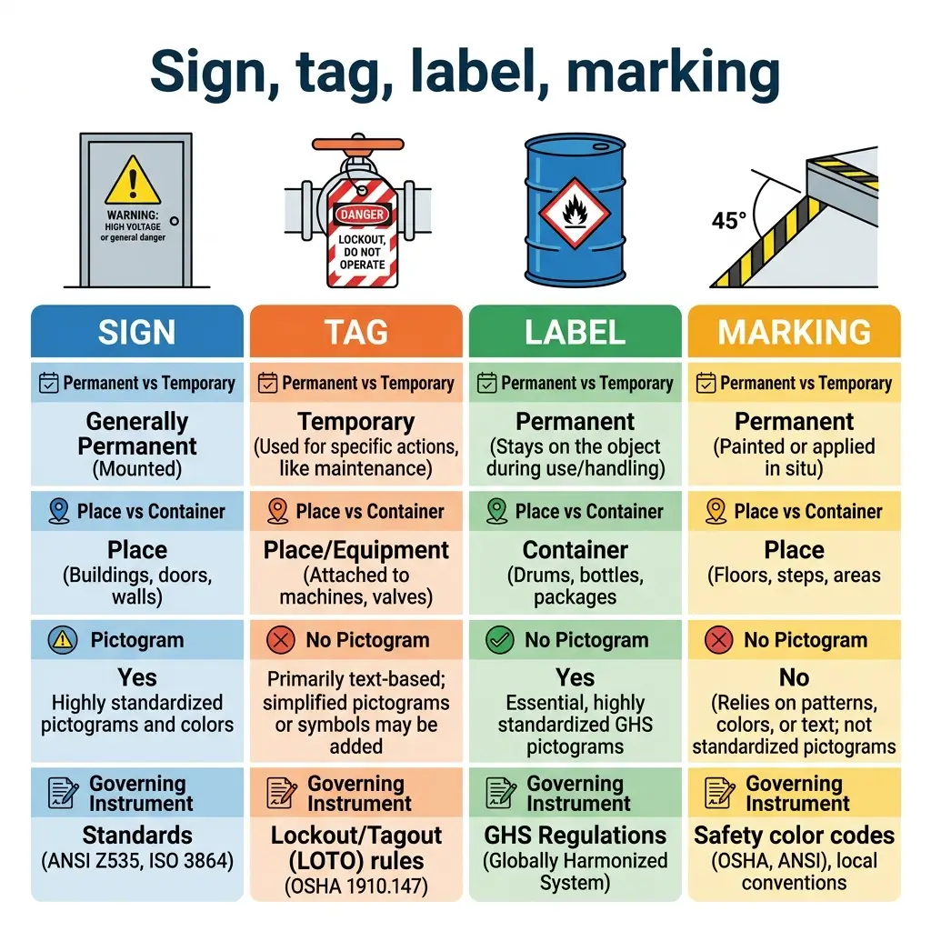 Comparison chart of four safety communication methods: signs, tags, labels, and markings, showing their differences in permanence, placement, pictograms, and governing standards.