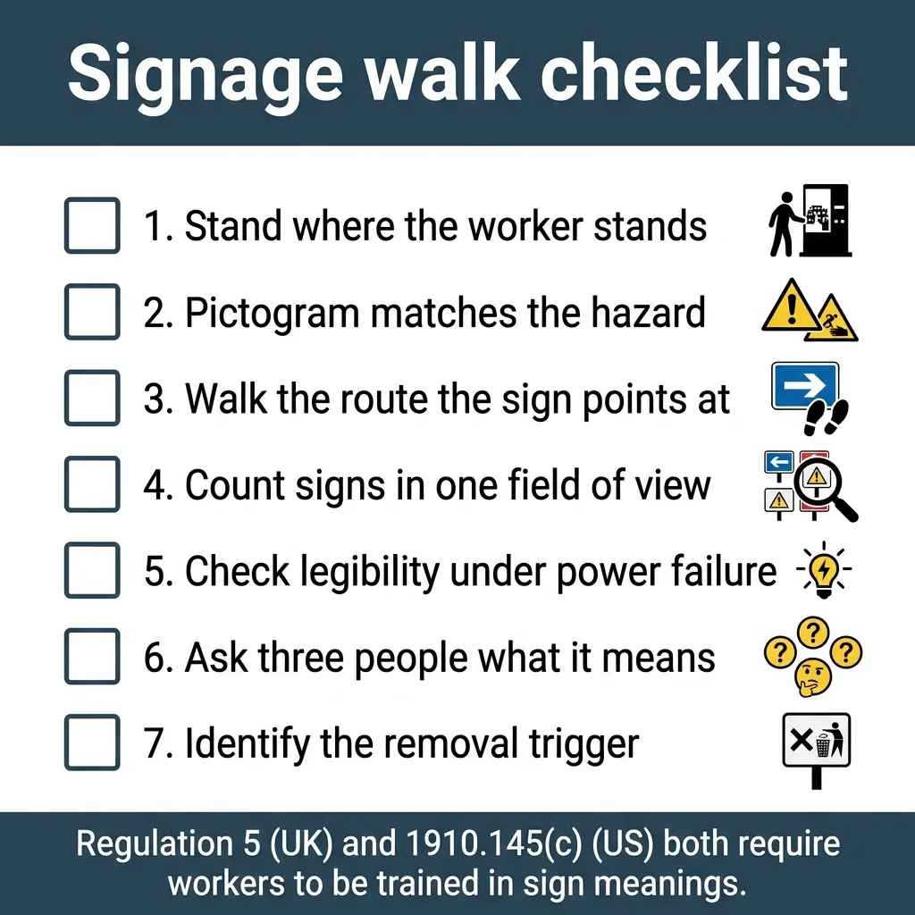 Seven-step signage walk checklist for workplace safety compliance, showing tasks from worker positioning through hazard pictogram verification to sign removal triggers.