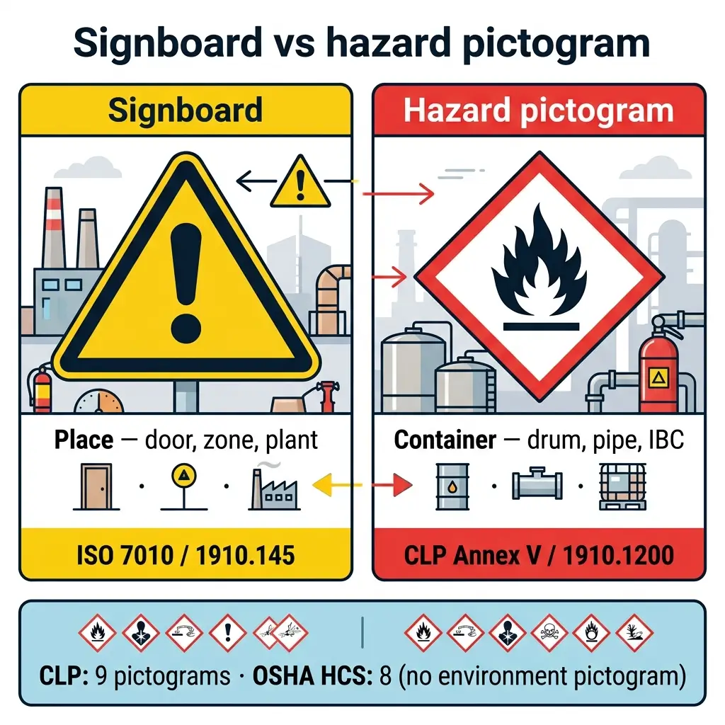 Comparison diagram showing signboard warning symbols versus hazard pictograms used in chemical labeling, with placement locations and container types, following ISO and CLP standards.