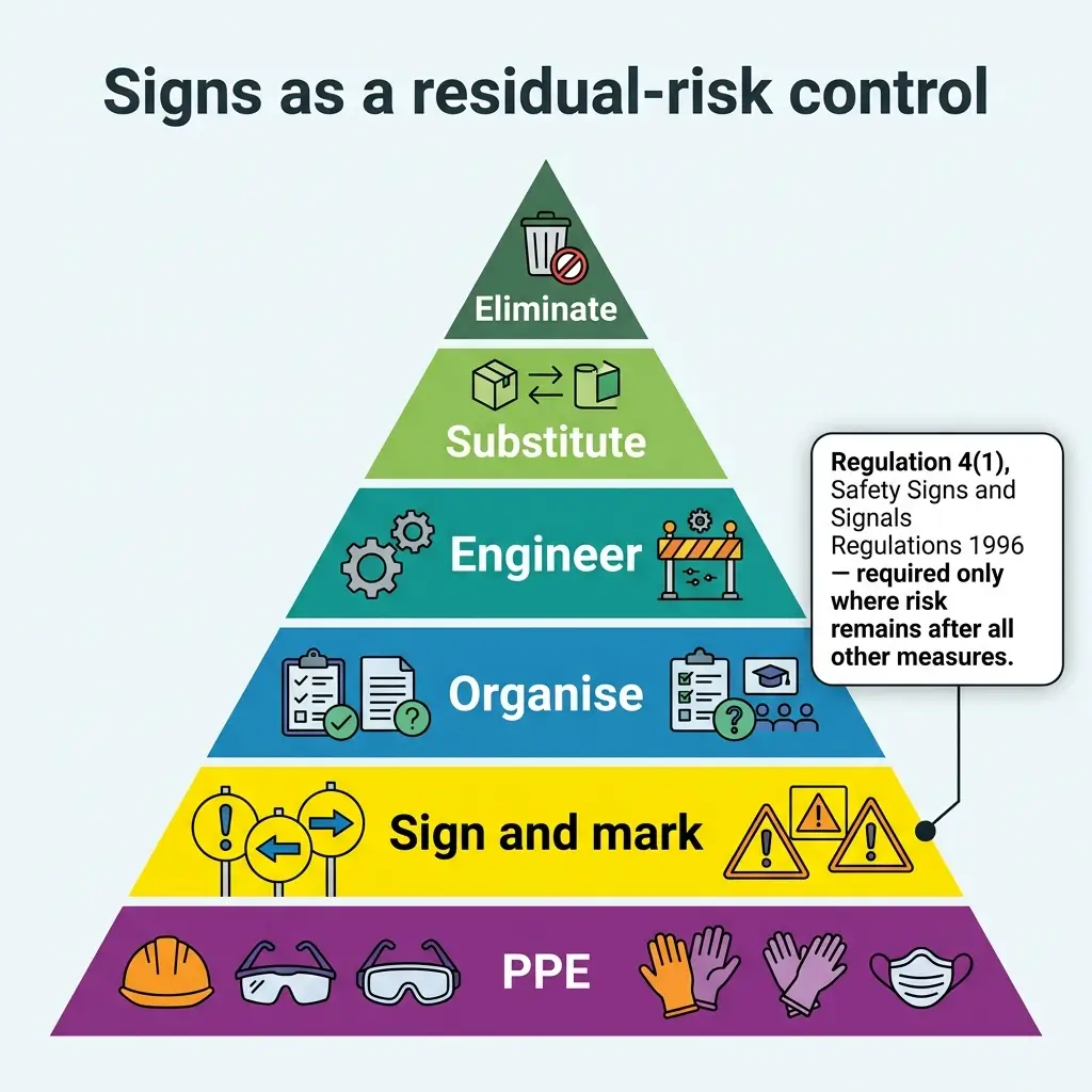 Hierarchical pyramid diagram showing the six-level hierarchy of controls for managing residual workplace risks, from elimination at top through PPE at bottom, with regulatory guidance note.