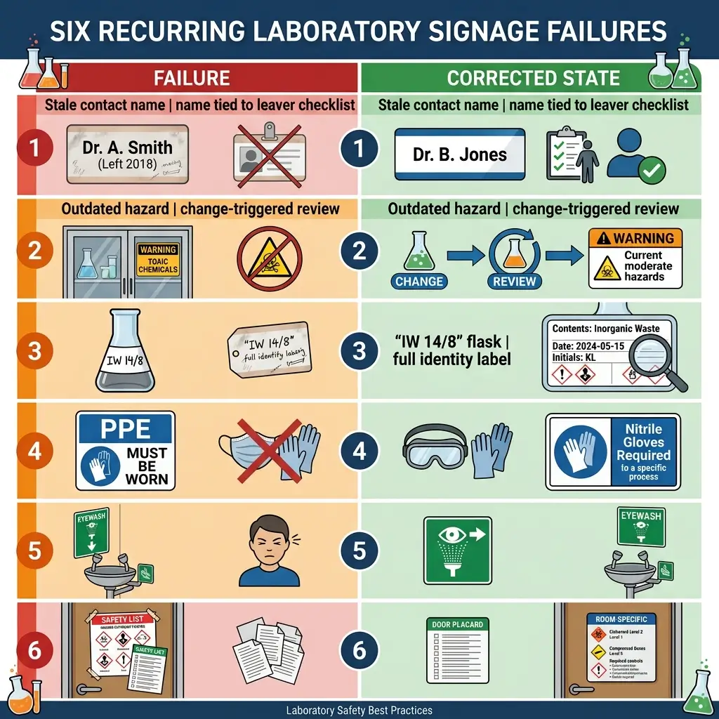 Infographic showing six recurring laboratory safety failures and their corrections, including outdated contact information, hazard reviews, container labeling, personal protective equipment, eyewash stations, and safety documentation.