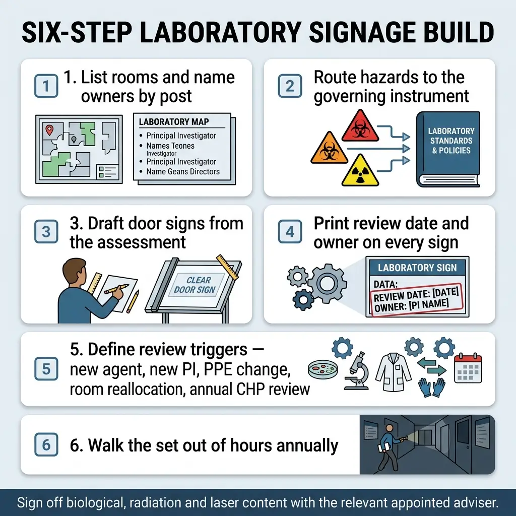 Infographic showing six steps for building laboratory safety signage, including mapping rooms, identifying hazards, drafting signs, adding review dates, defining update triggers, and conducting annual walkthroughs.