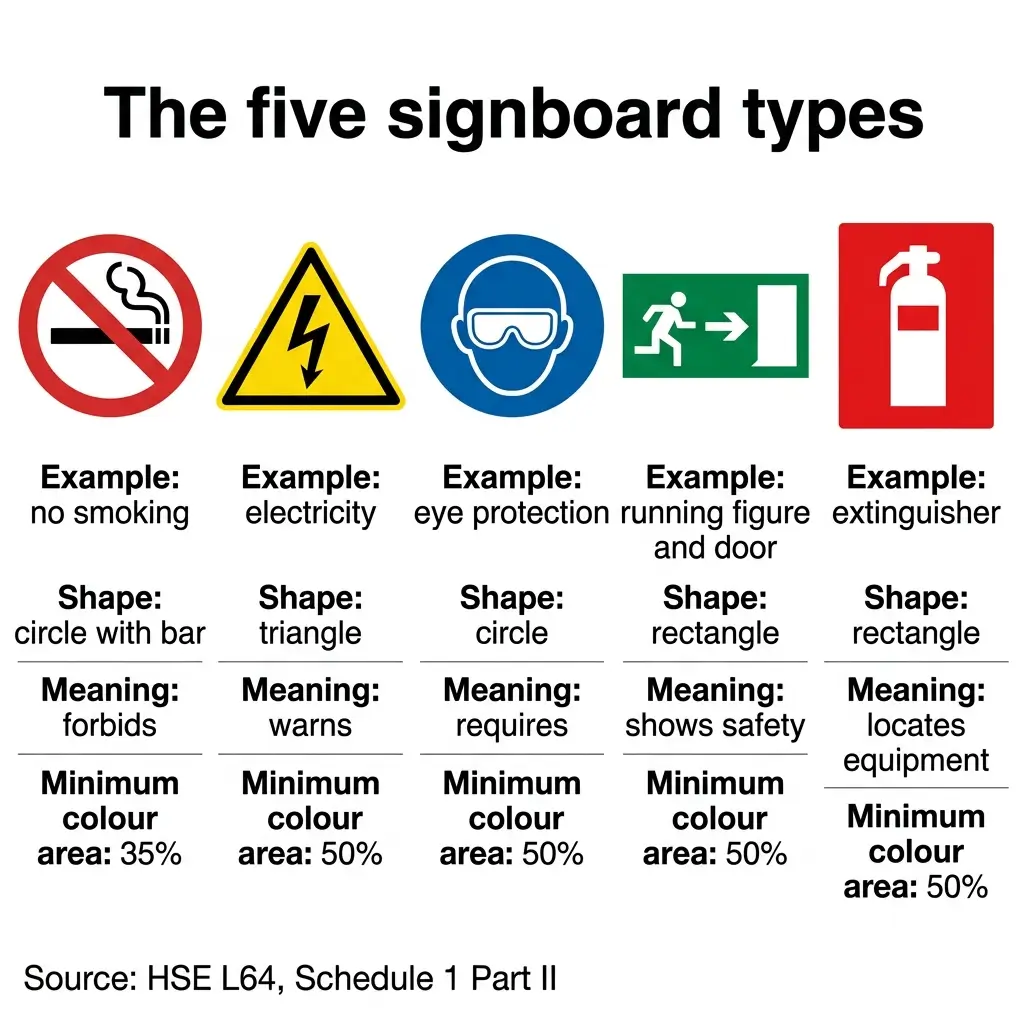 Five standard workplace safety signboard types displayed with their shapes, meanings, and minimum color requirements: prohibition signs use circles with bars, warning signs use triangles, mandatory signs use circles, emergency exit signs use rectangles, and equipment location signs use rectangles.