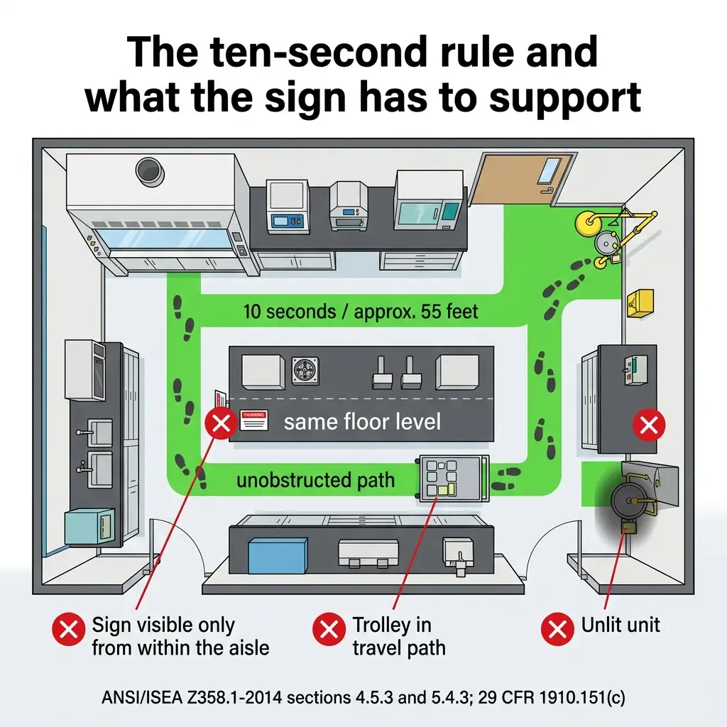 Overhead floor plan diagram illustrating the ten-second rule for emergency exit signs, showing an unobstructed path, same floor level requirement, and three placement violations: sign visible only from aisle, trolley in travel path, and unlit unit.
