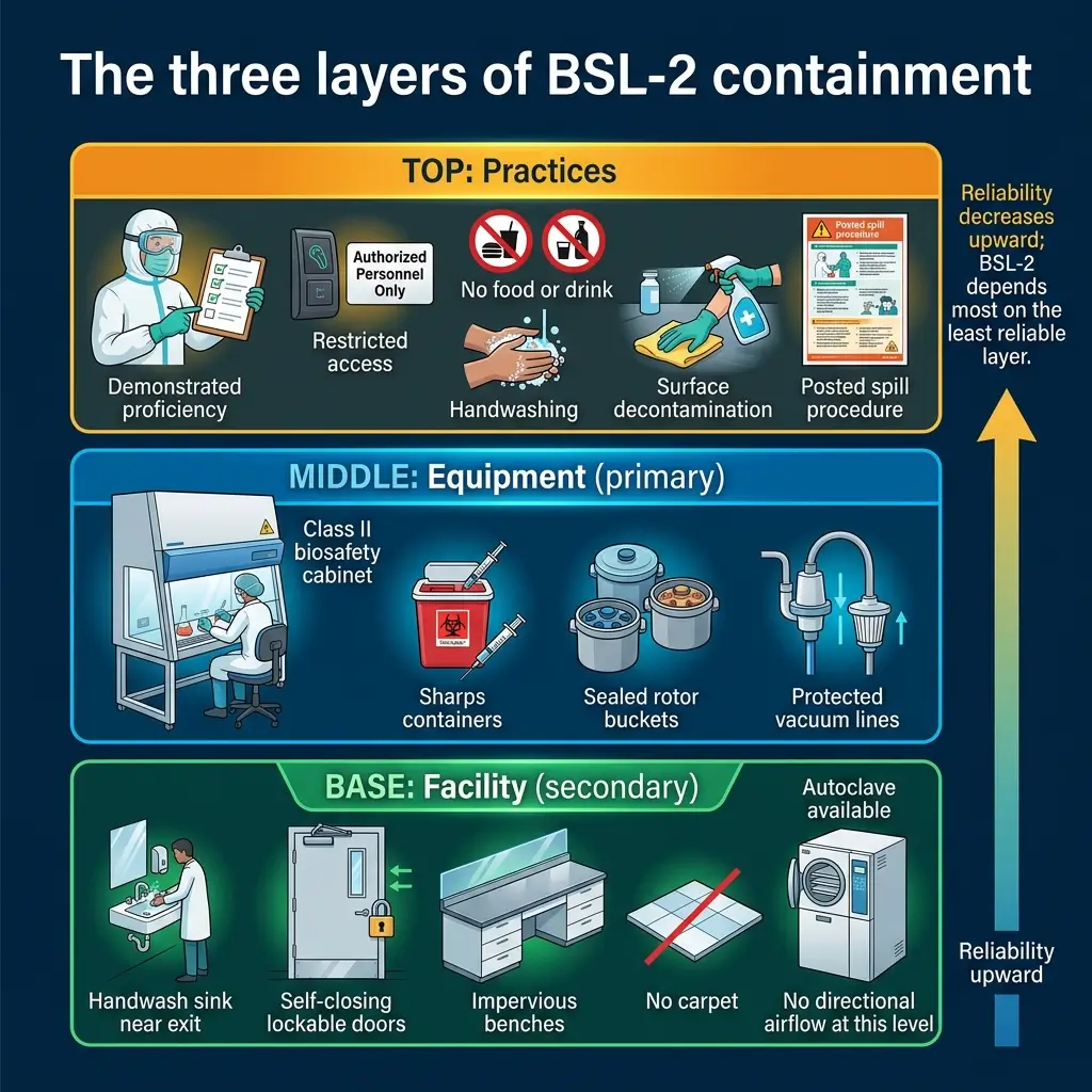 Infographic showing the three-layer BSL-2 containment hierarchy: practices at top, equipment in middle, and facility features at base, with arrows indicating reliability increases toward the foundation.