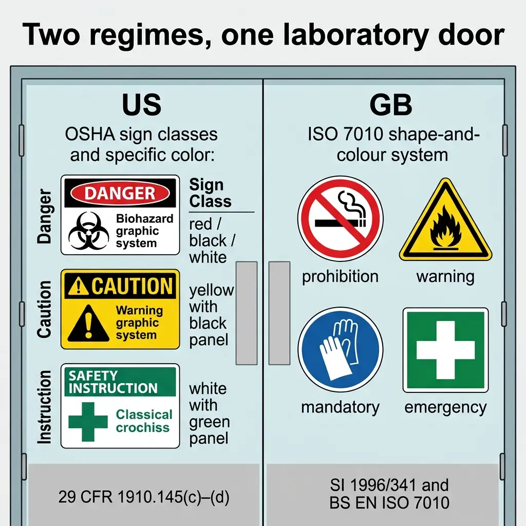 Comparison of US OSHA and GB ISO 7010 laboratory safety sign systems showing danger, caution, and instruction categories with their respective colors and symbols.