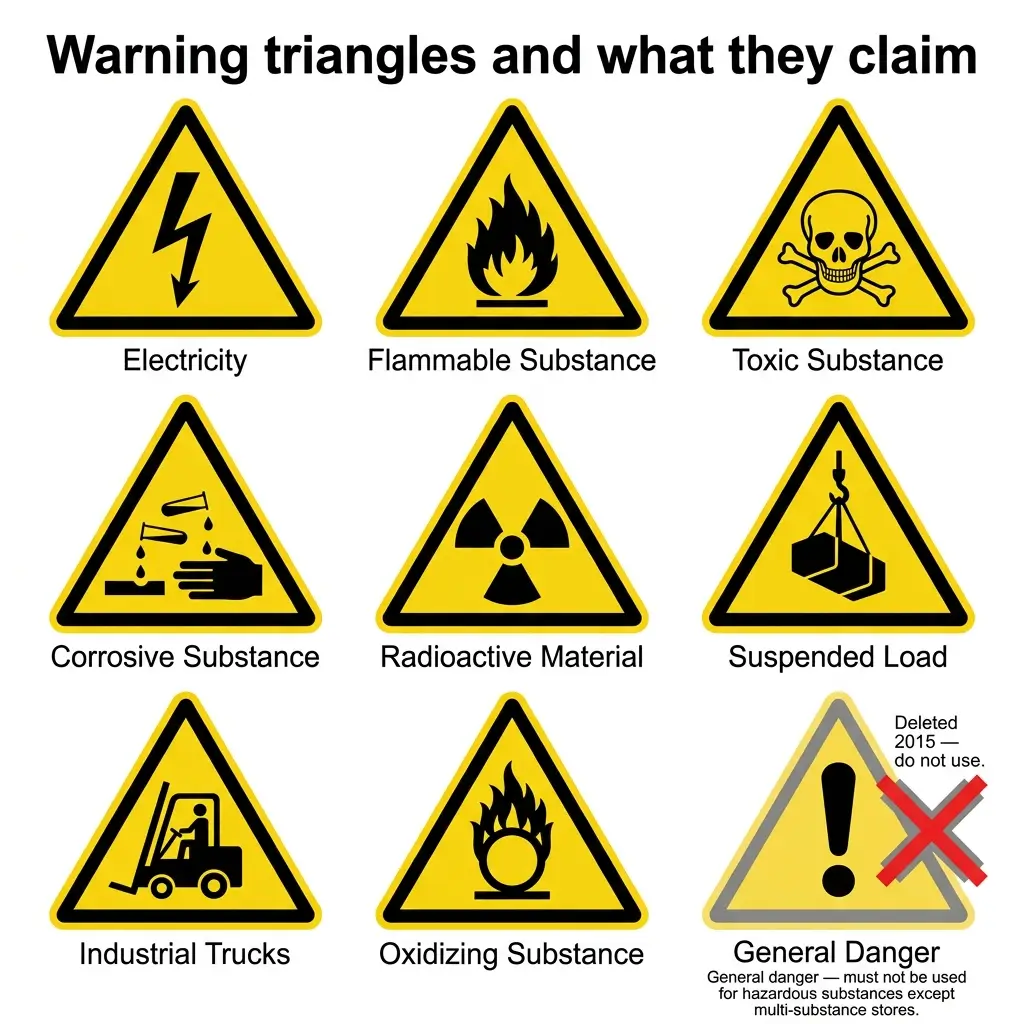 Nine yellow warning triangle signs displaying hazard symbols with labels for electricity, flammable substances, toxic substances, corrosive substances, radioactive material, suspended loads, industrial trucks, oxidizing substances, and a crossed-out general danger symbol marked as deleted.