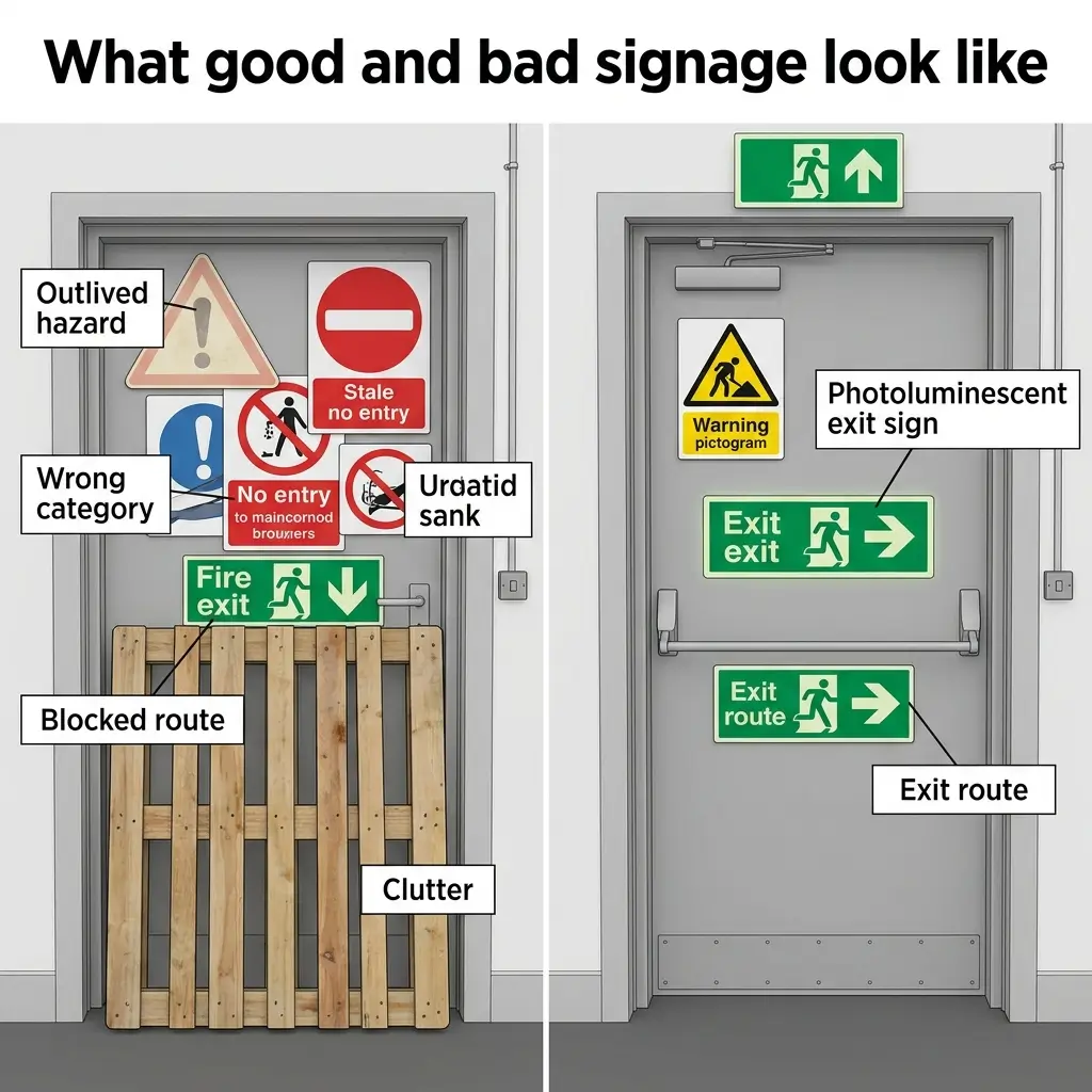 Comparison of poor and proper safety signage in stairwells, showing cluttered hazard warnings on the left versus clear exit signs and photoluminescent markers on the right.