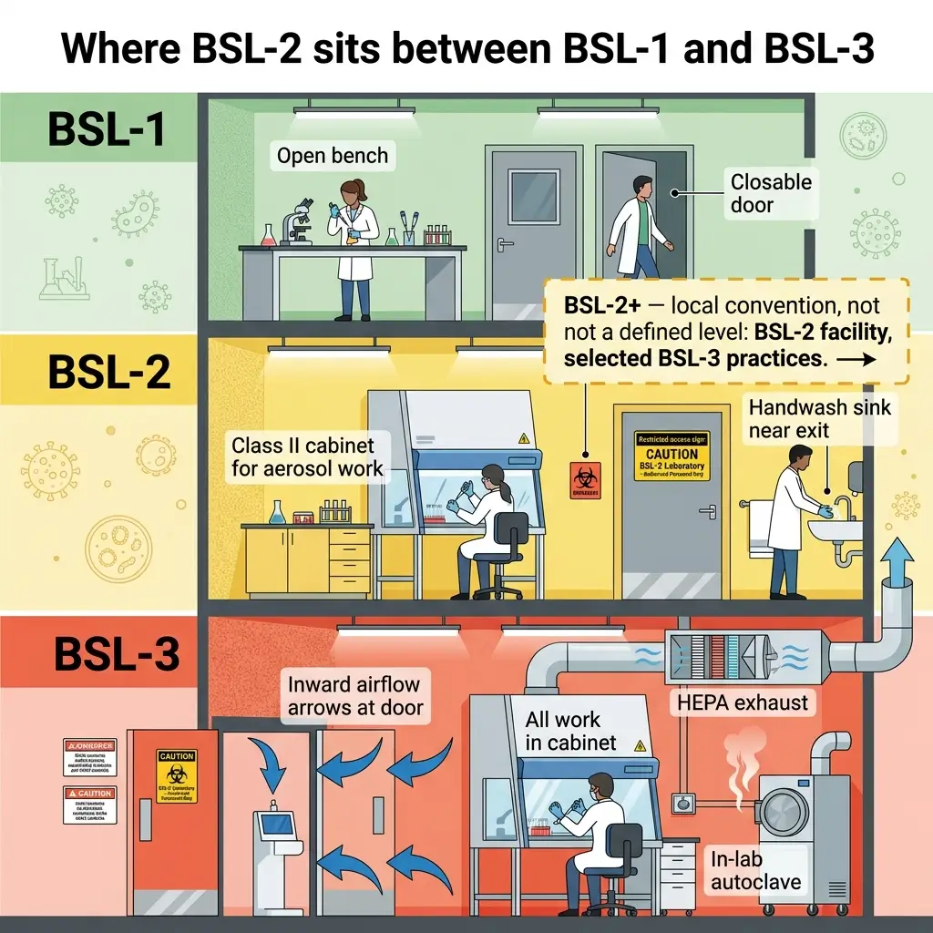 Diagram comparing three biosafety levels showing BSL-1 open bench work, BSL-2 with Class II cabinet and restricted access, and BSL-3 with fully enclosed cabinets, HEPA exhaust, and specialized equipment like autoclaves.