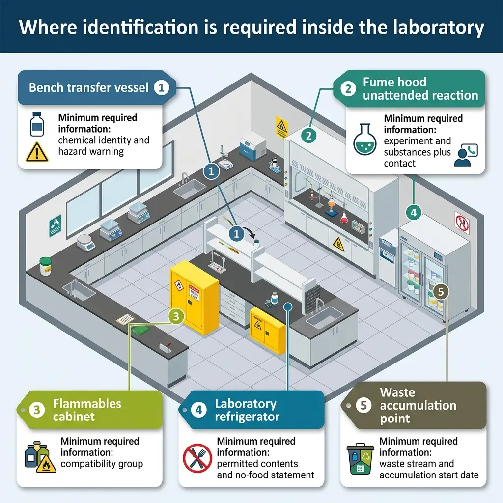 Isometric laboratory diagram showing five locations requiring identification: bench transfer vessel, fume hood unattended reaction, flammables cabinet, laboratory refrigerator, and waste accumulation point, each with minimum required information labels.
