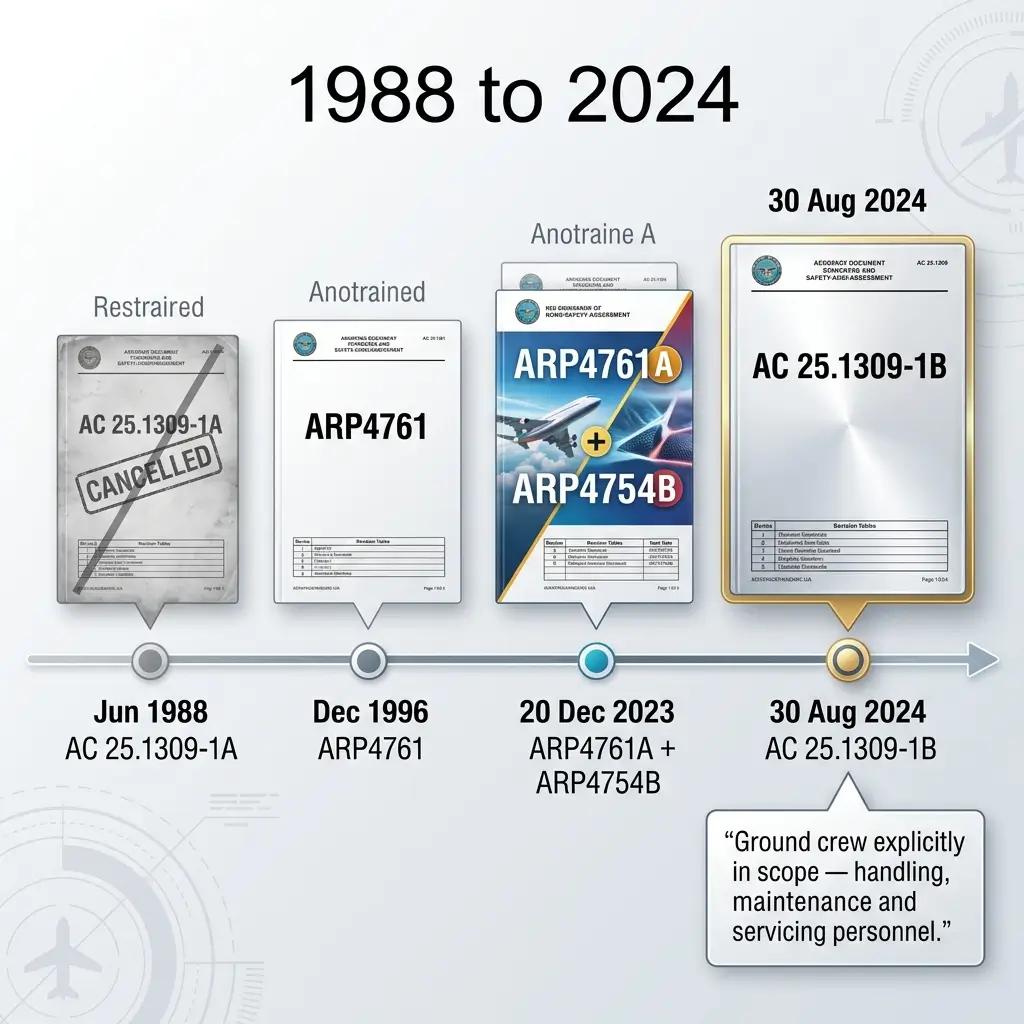 Timeline showing evolution of aerospace safety documentation from 1988 to 2024, displaying four standards documents progressing from restrained to current specification AC 25.1309-1B, with key dates and certification milestones.